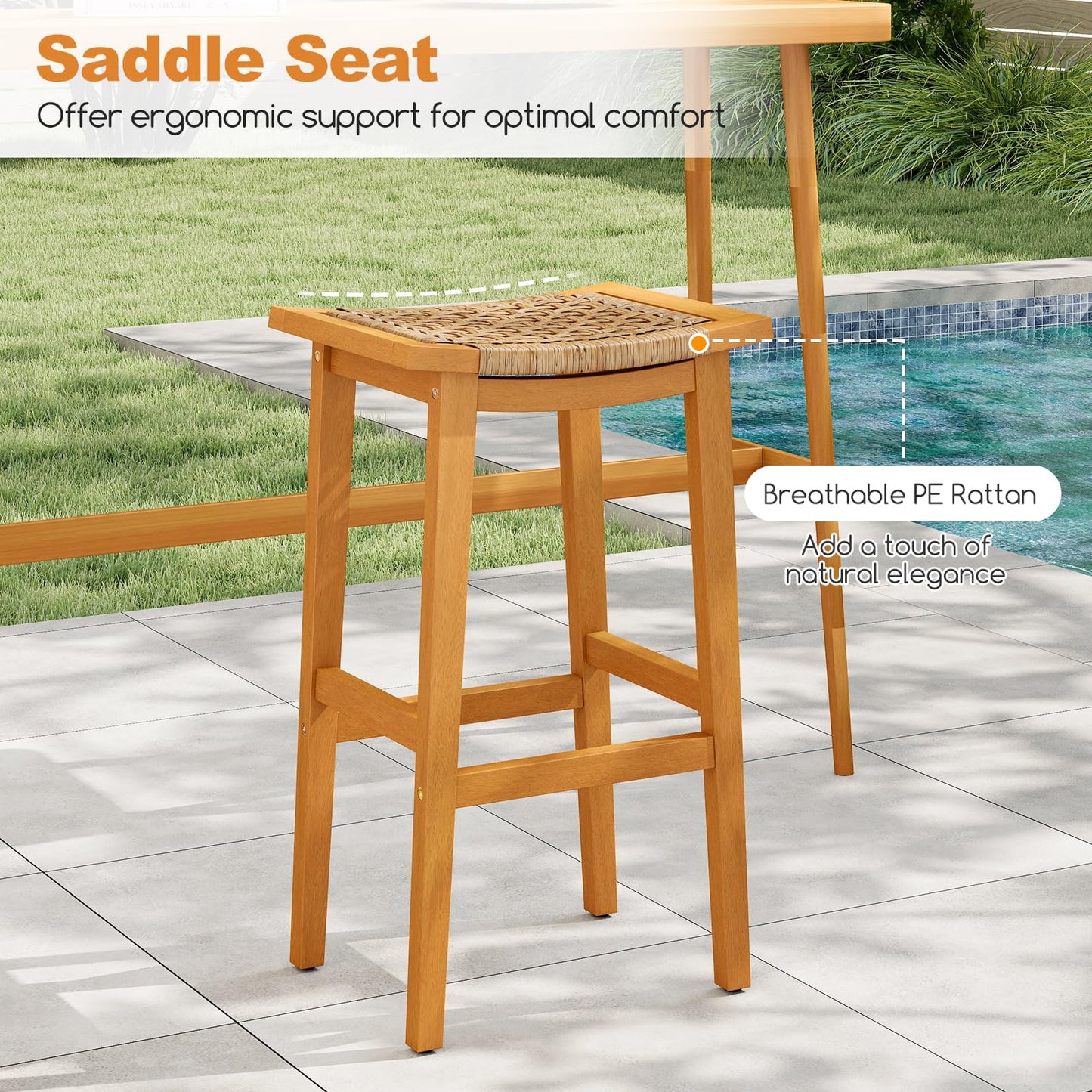 Outdoor PE Rattan Saddle Stools with Acacia Wood Footrests