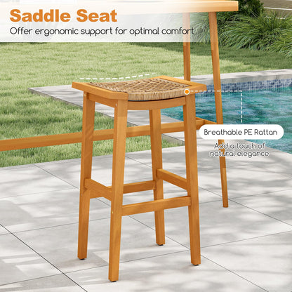 Outdoor PE Rattan Saddle Stools with Acacia Wood Footrests