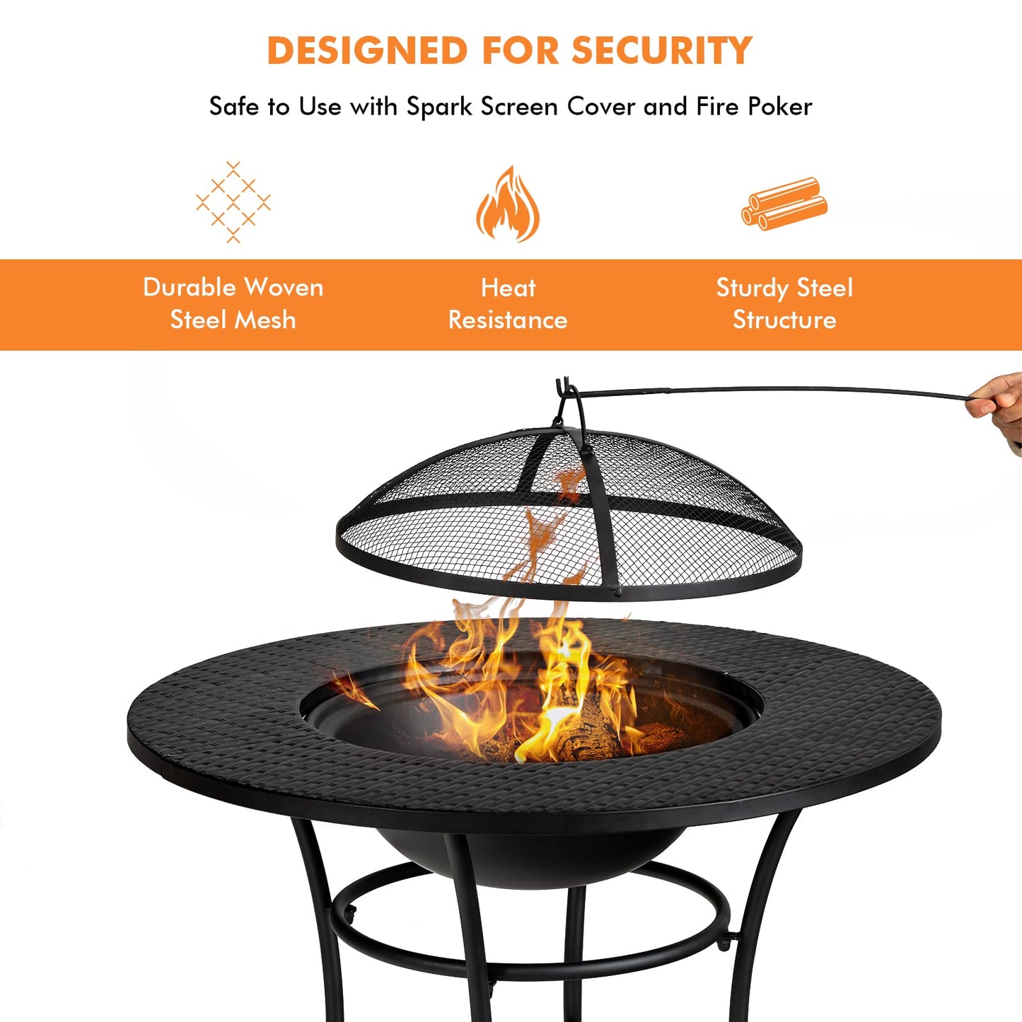 Outdoor Firepit with Spark Screen Cover for Outside Dining