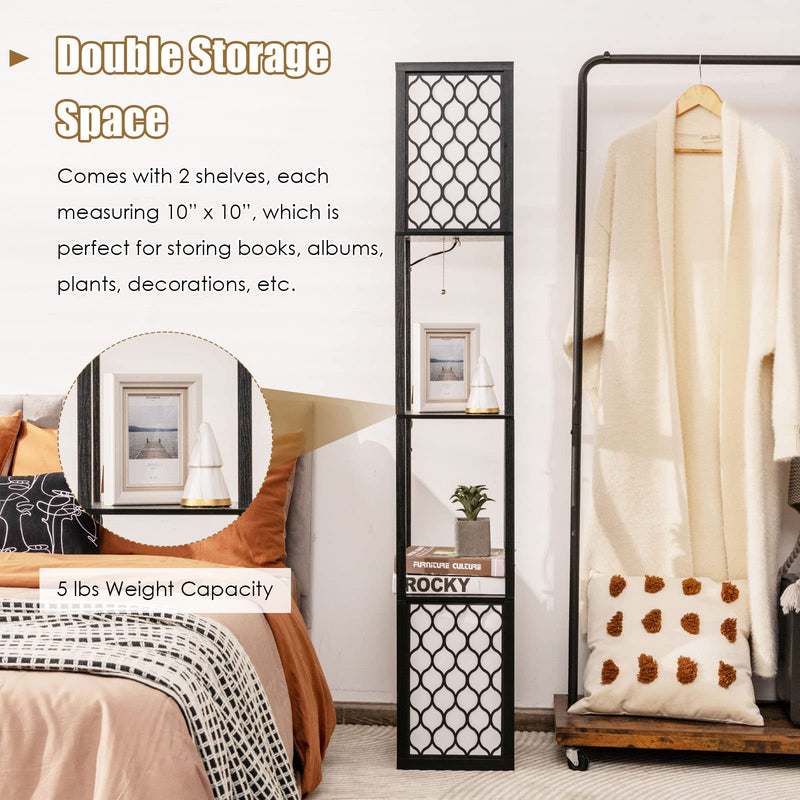 Modern Shelf Floor Lamp, Freestanding Double Lamp w/ 2-Tier Wood Shelf & White Lampshade