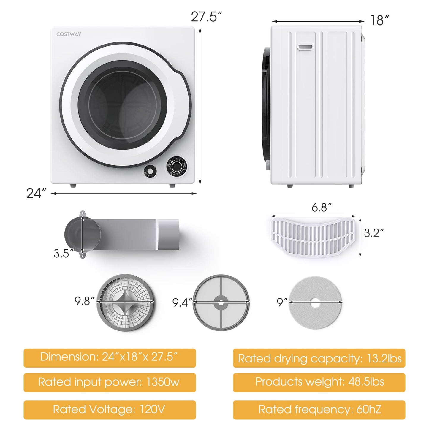 Compact Laundry Dryer with Stainless Steel Drum 5 Drying Programs and Adjustable Exhaust Vent