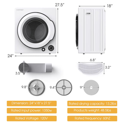 Compact Laundry Dryer with Stainless Steel Drum 5 Drying Programs and Adjustable Exhaust Vent