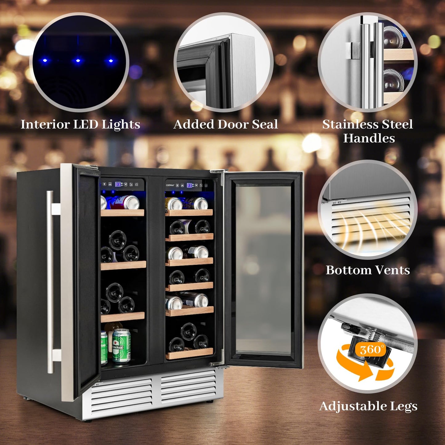 Wine and Beverage Refrigerator, 24 Inch Dual Zone Under Counter Wine Beverage Cooler with Lock