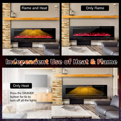 72 Inch Wide Electric Fireplace with Adjustable Flame Color & Speed