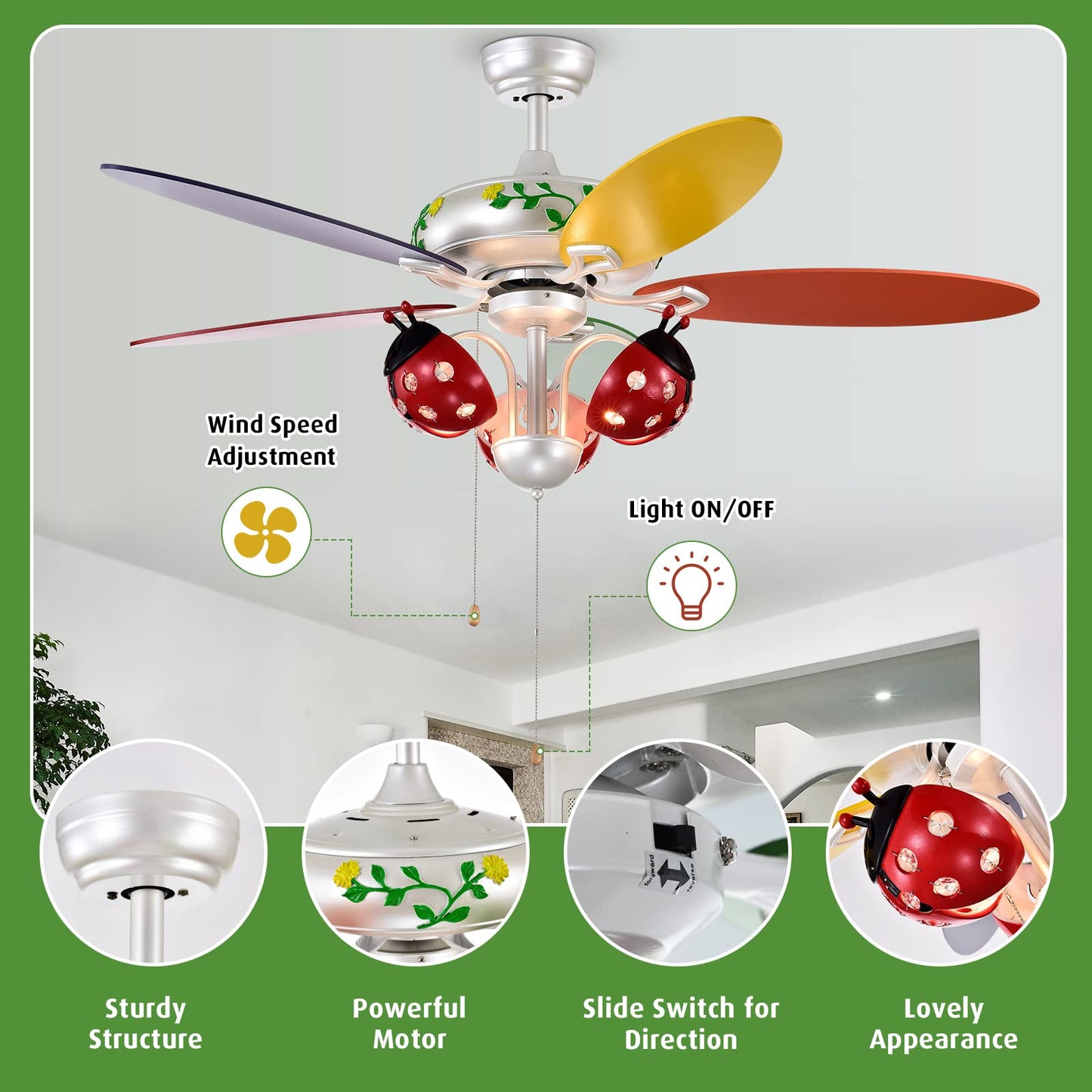 52" Ceiling Fan with Pull Chain Control, Kids Fan Light with 5 Colorful Blades and 3-Speed