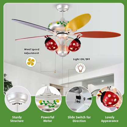 52" Ceiling Fan with Pull Chain Control, Kids Fan Light with 5 Colorful Blades and 3-Speed