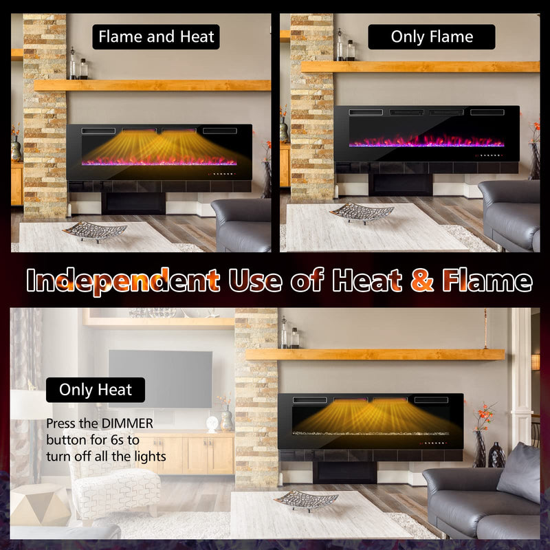 60-Inch Wide Electric Fireplace, 3.19-Inch Deep Ultra-Thin Wall-Mounted and Recessed Fireplace Heater