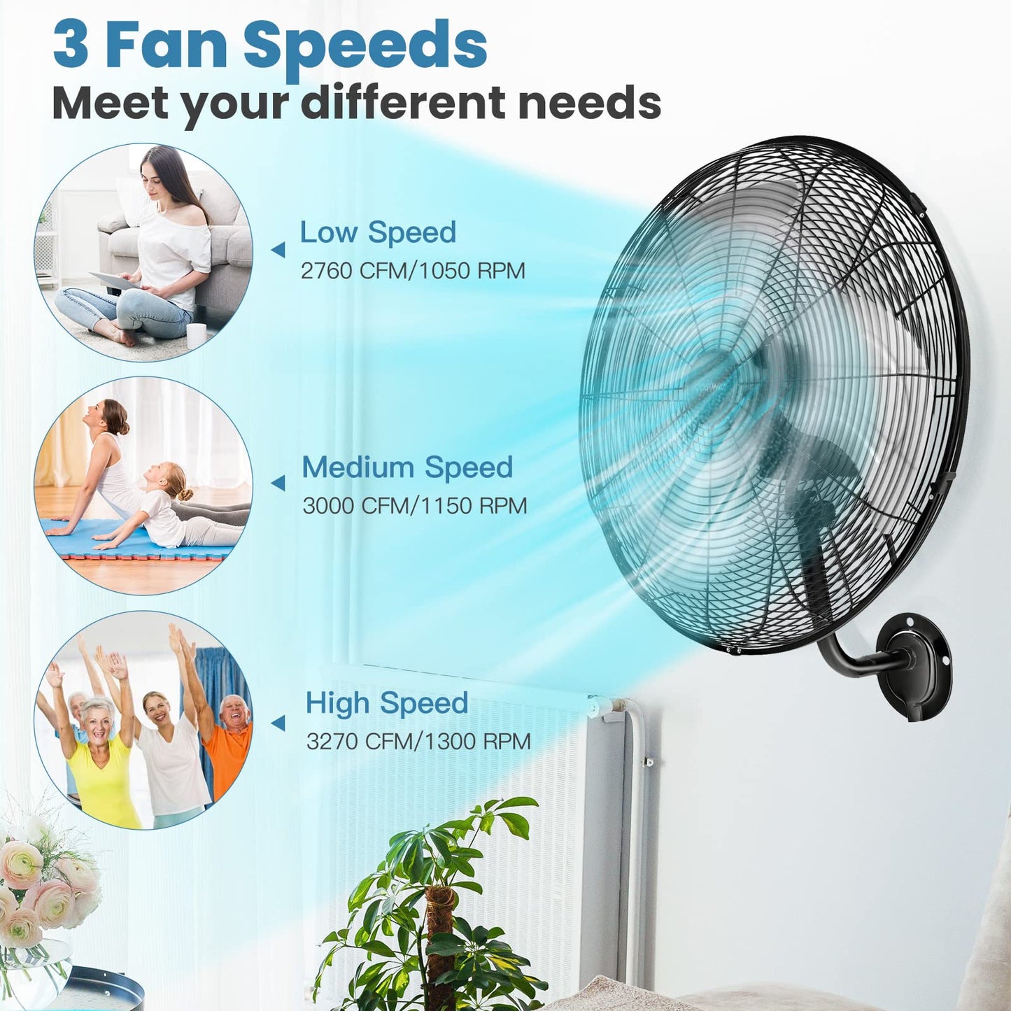 Wall Mount Fan 21 Inches Heavy Duty Metal Wall Fan with 3 Speeds