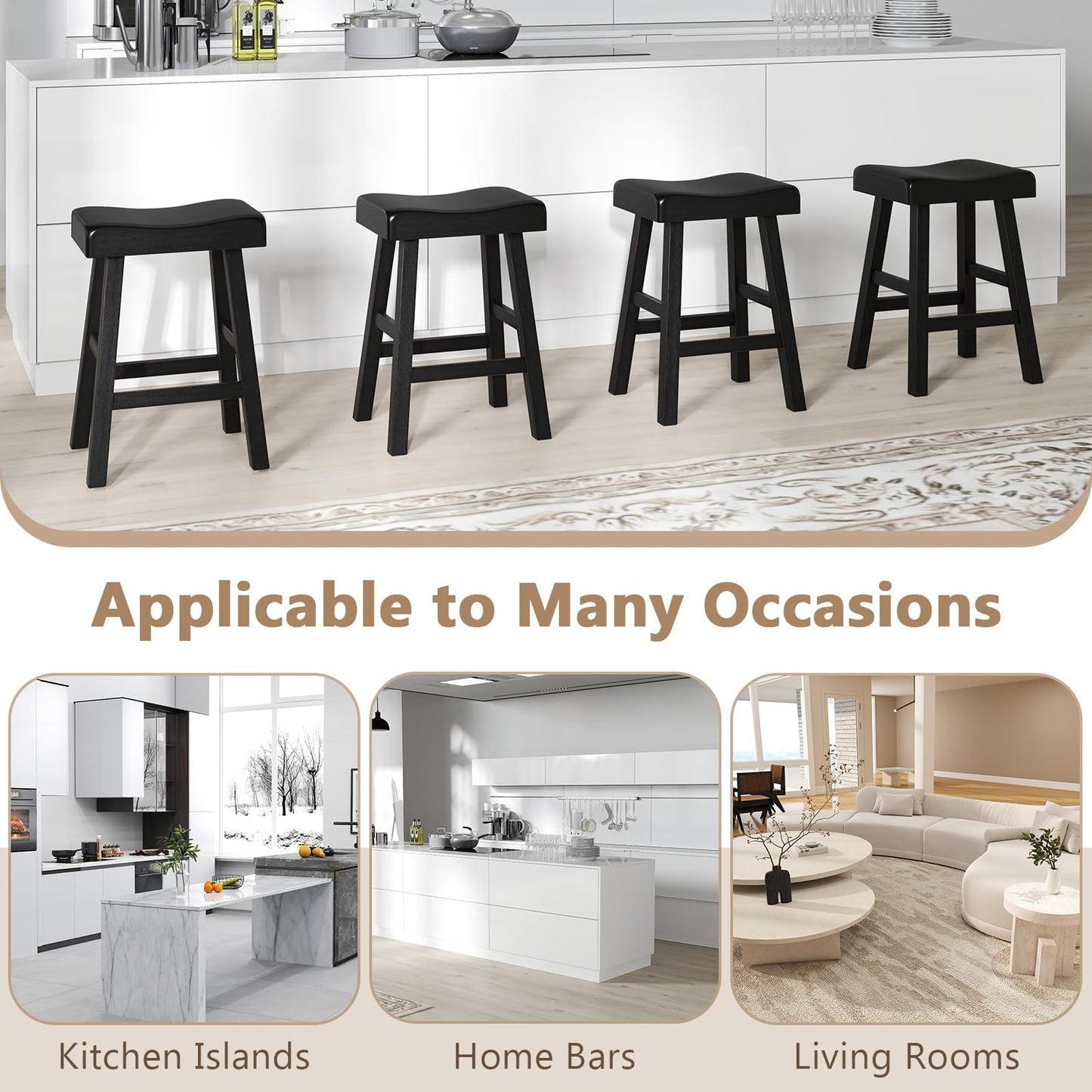 Solid Wood Saddle Stools Set w/Curved Seats Footrests