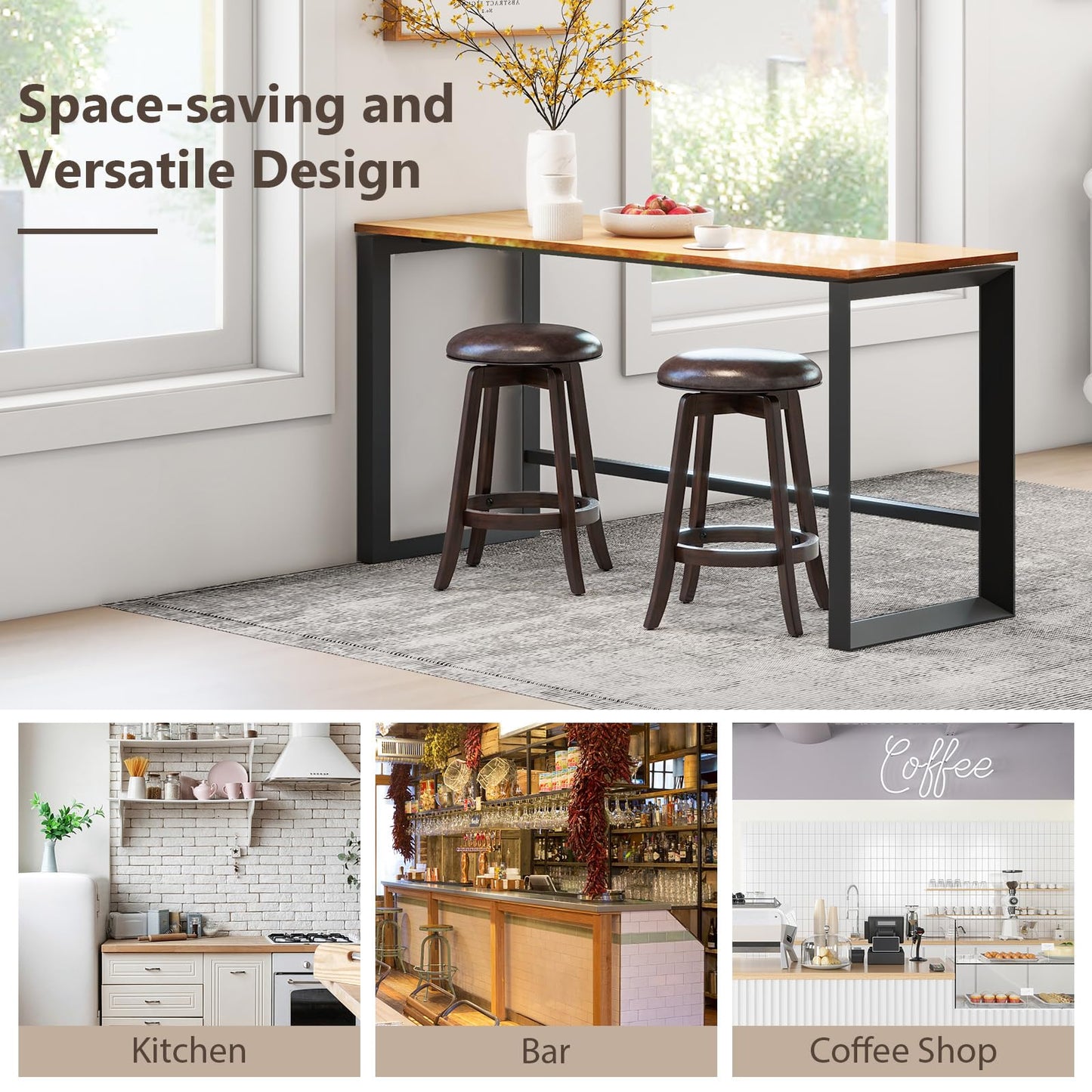 24-Inch Swivel Bar Stools Set of 2/4 Upholstered Barstools w/PU Leather Seat & Solid Rubber Wood Legs