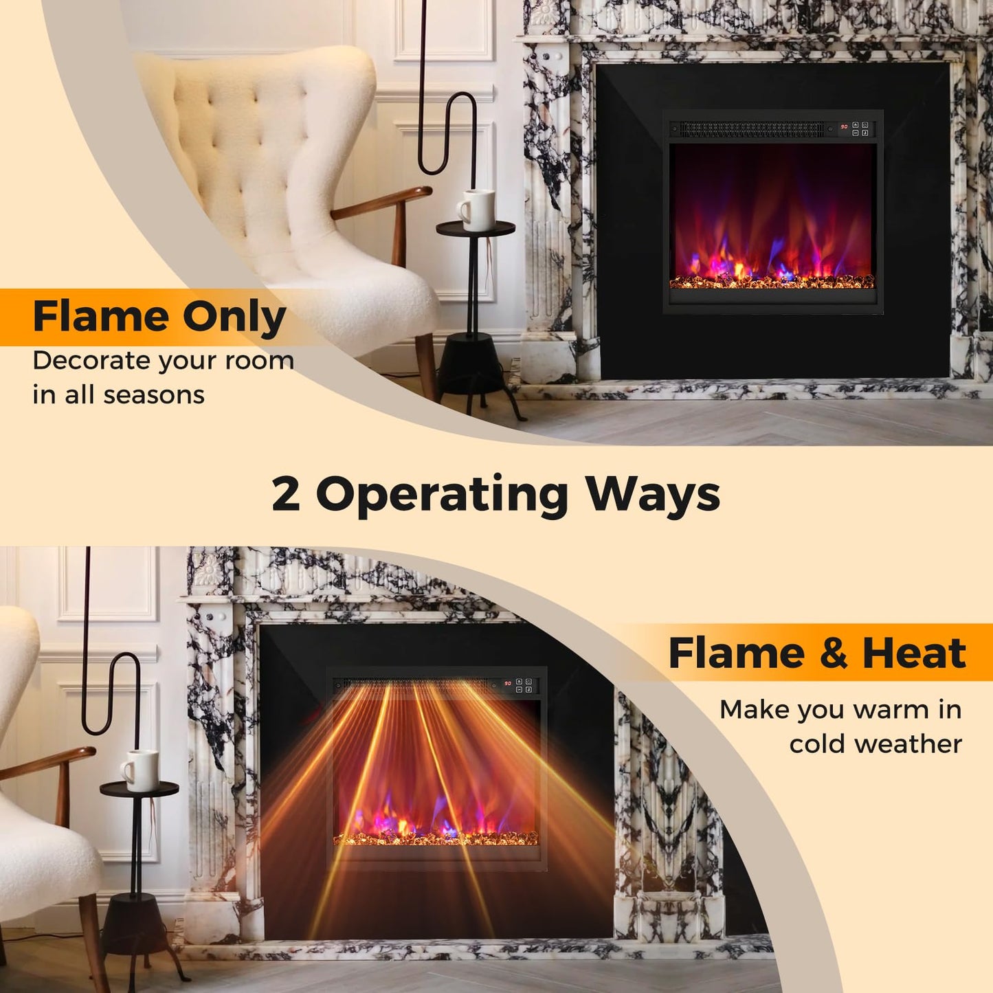 18 Inch Recessed Fireplace Heater Electric Fireplace Insert w/Multi-Color Flame & Crystal Ember Bed