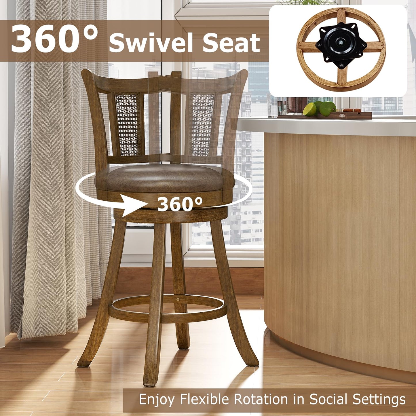 25”/30” Solid Rubber Wood Swivel Counter Chairs with Faux Leather Seat