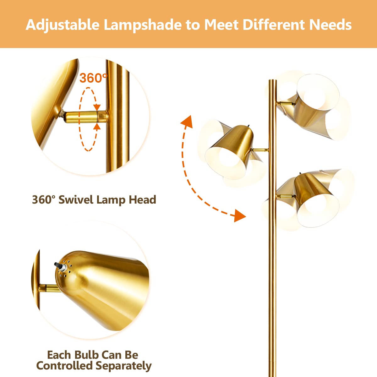 ARLIME 3-Light Floor Lamp, 64” Mid Century Modern Standing Tall Pole Lamp