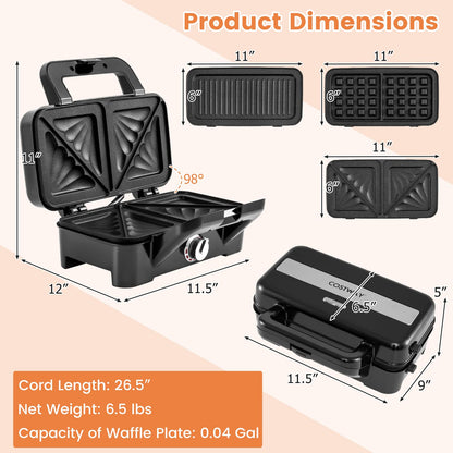 3 in 1 Sandwich Maker w/Removable Non-Stick Plates