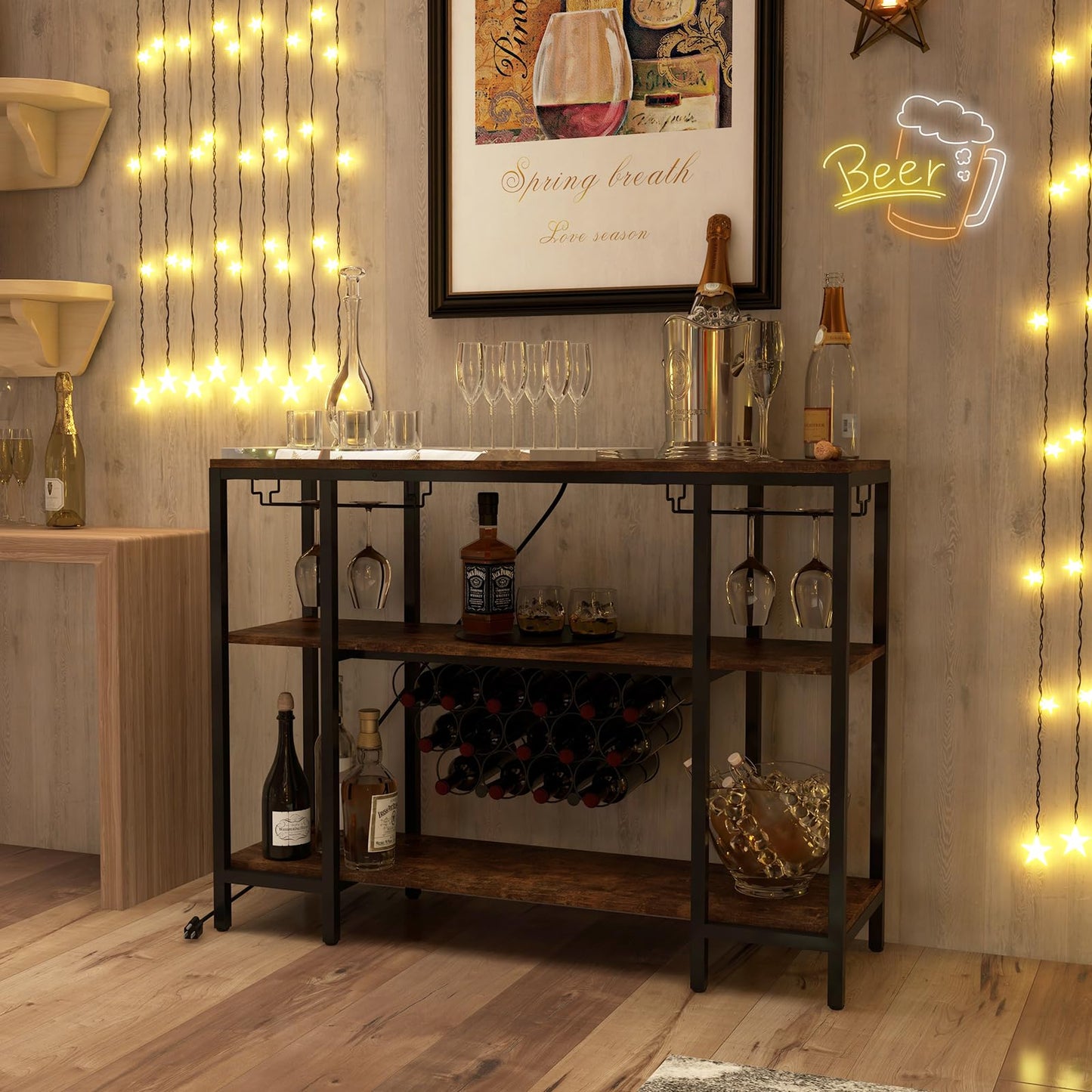 Wine Bar Cabinet 3-Tier Home Mini Bar for Liquor w/Power Outlets