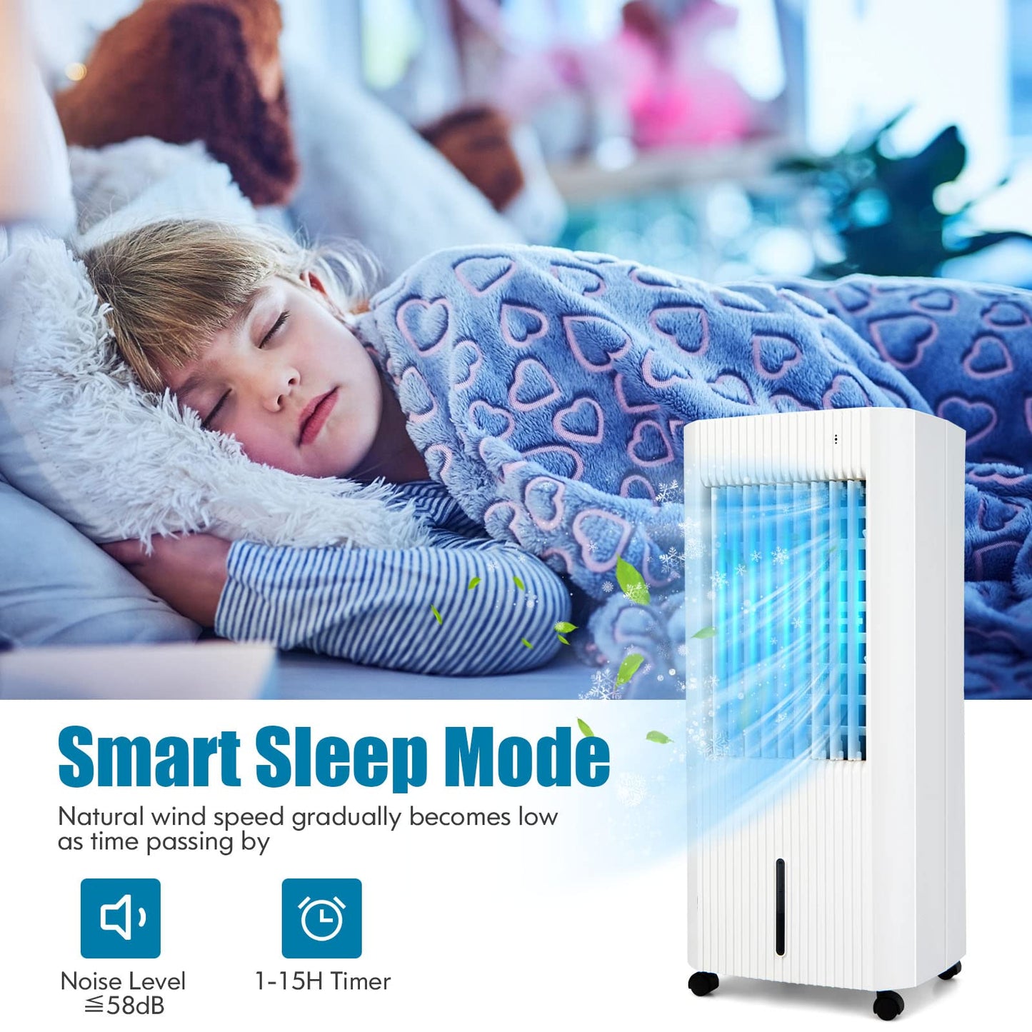 Evaporative Air Cooler, Portable Swamp Cooler with Remote Control, 2 Ice Packs, 15H Timer, 1.3 Gal Water Tank