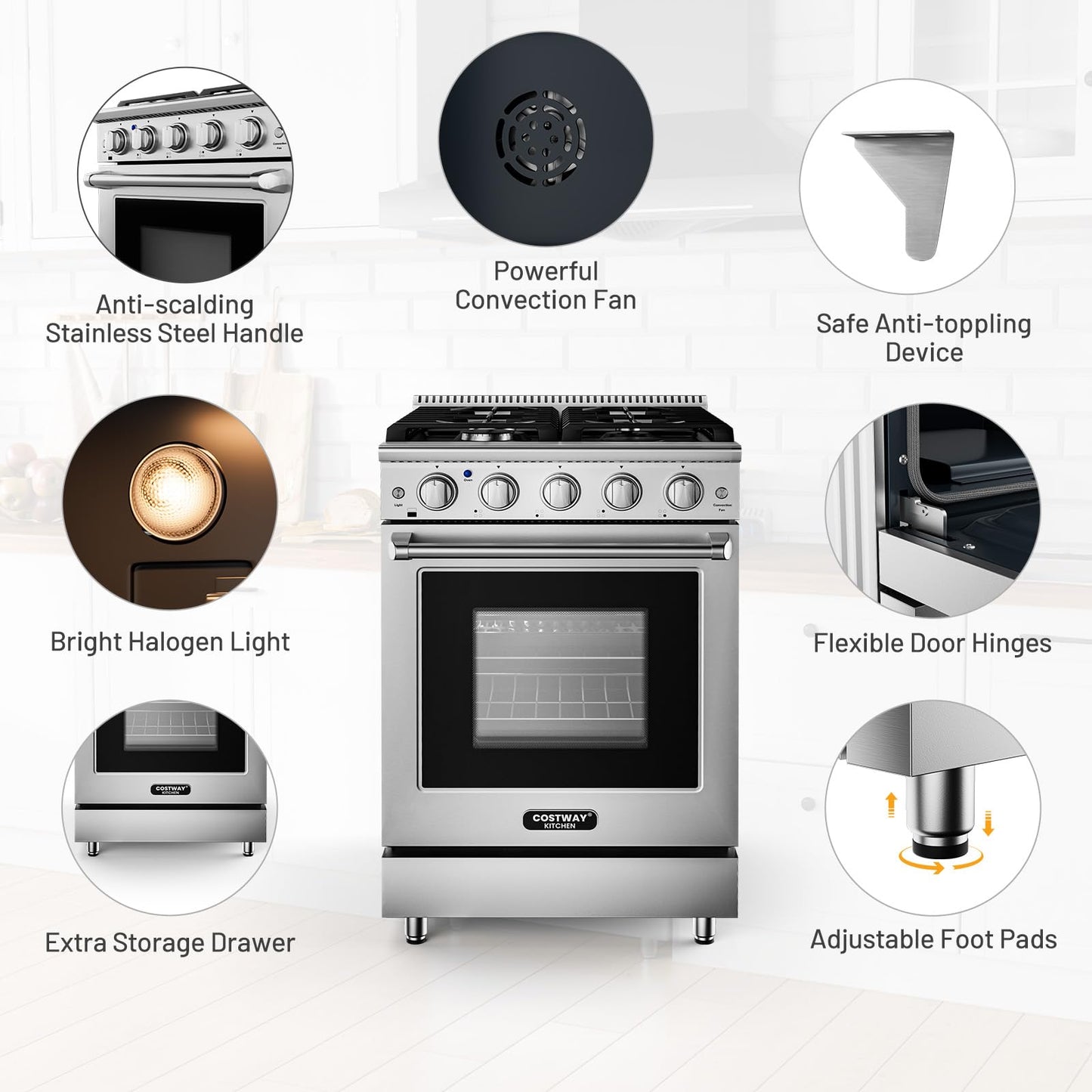 24 Inches Natural Gas Range, with 4 Burners Cooktop & 3.73 Cu.Ft. Convection Oven, Storage Drawer