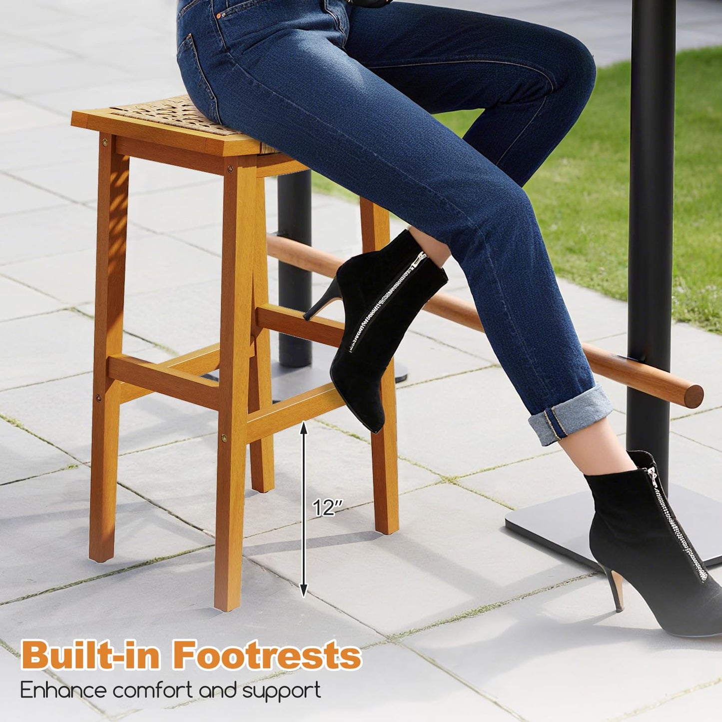 Outdoor PE Rattan Saddle Stools with Acacia Wood Footrests