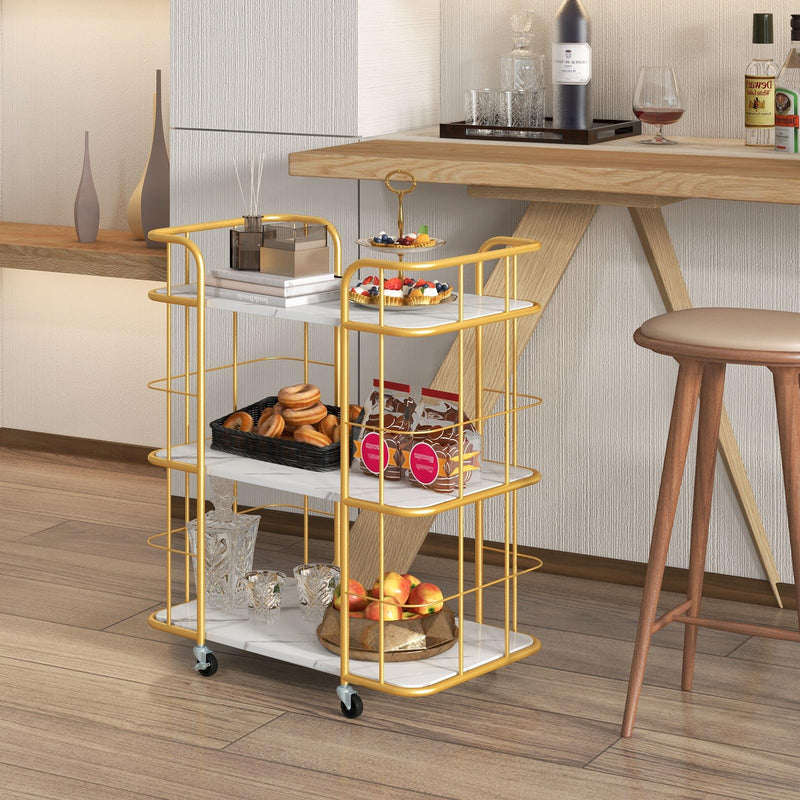 Gold Rolling Bar Cart 3-Tier Kitchen Utility Cart