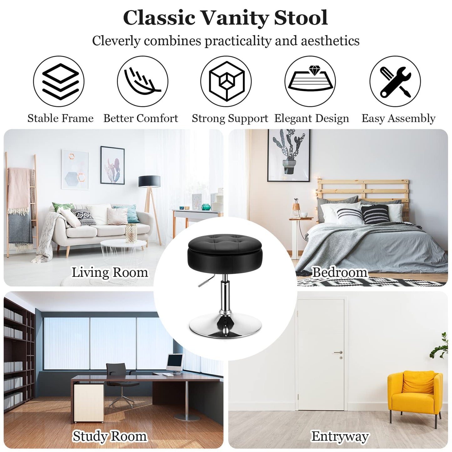 Adjustable Swivel Vanity Stool 360° Swivel 20"-26" Height Adjustable Tufted Round PU Leather Ottoman with Storage