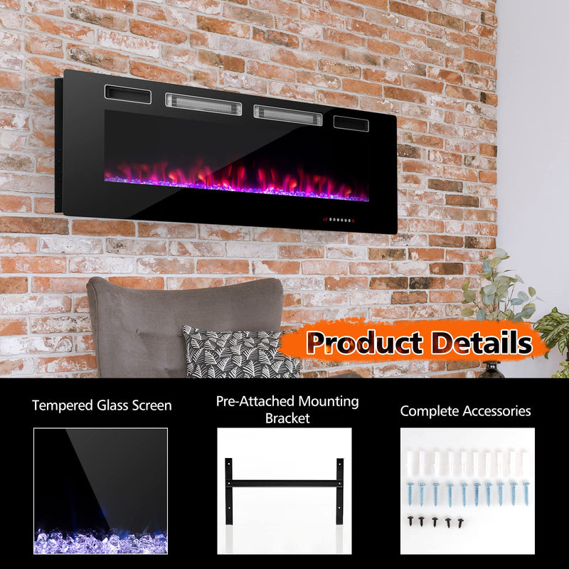 50-Inch Wide Electric Fireplace 3.19-Inch Deep Ultra-Thin Wall-Mounted and Recessed Fireplace Heater