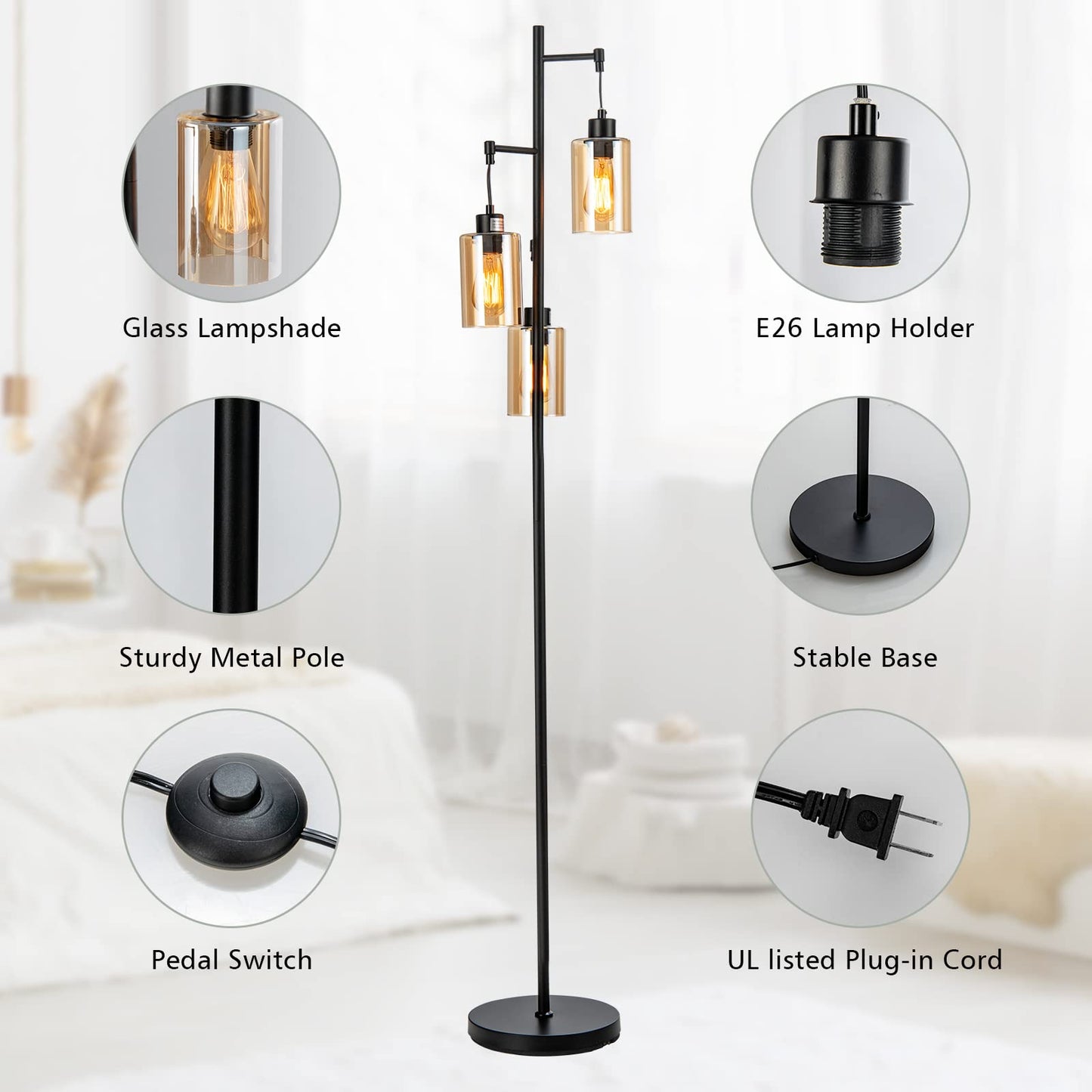 ARLIME 3 Lights Floor Lamp, Retro Floor Lamp with 3-Head Hanging Amber Glass Shade
