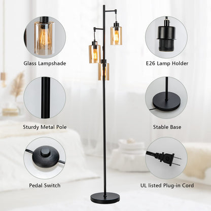 ARLIME 3 Lights Floor Lamp, Retro Floor Lamp with 3-Head Hanging Amber Glass Shade