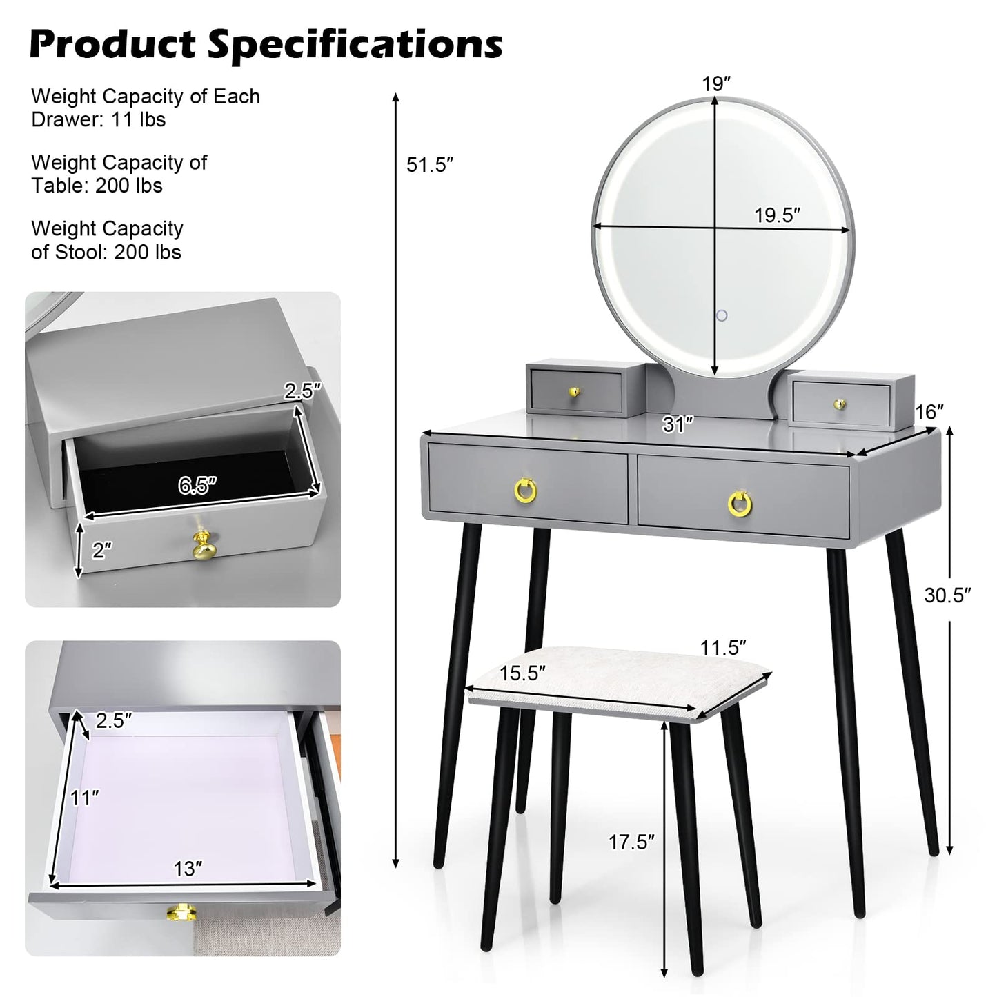 Vanity Table Set with Mirror and Lights w/ 3 Color Lighting Modes & Adjustable Brightness