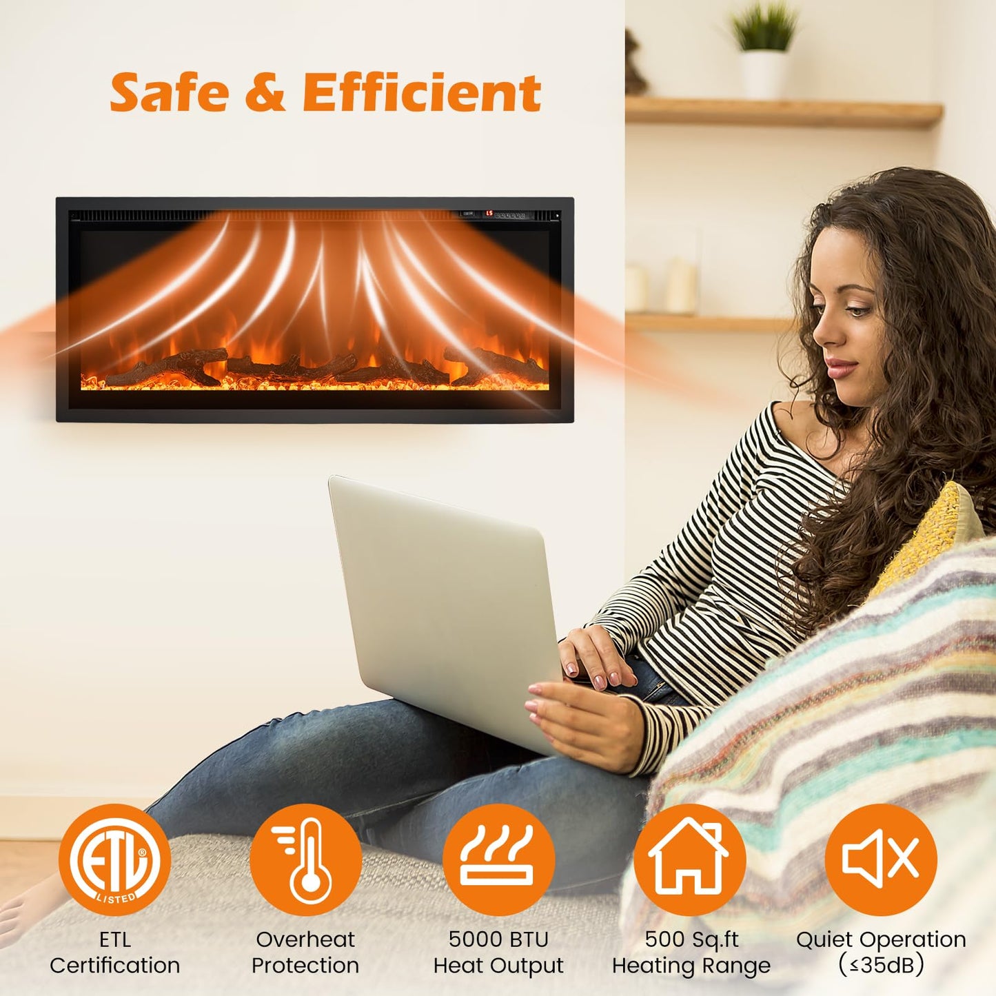 Electric Fireplace 42-Inch Wide, 9 Flame Color, 5-Level Brightness, 8H Timer, Thermostat