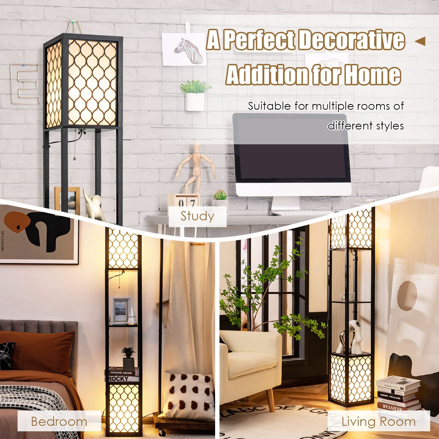 Modern Shelf Floor Lamp, Freestanding Double Lamp w/ 2-Tier Wood Shelf & White Lampshade