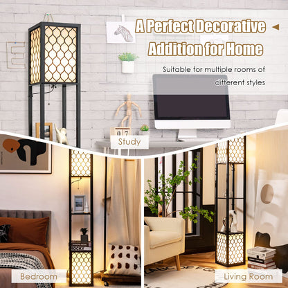 Modern Shelf Floor Lamp, Freestanding Double Lamp w/ 2-Tier Wood Shelf & White Lampshade