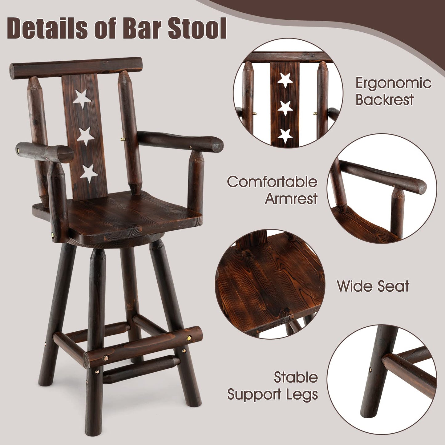 29’’ Solid Fir Wood Bar Chair with Footrest for Dining Room