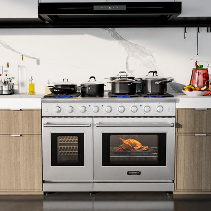48 Inches Natural Gas Range, with 7 Burners Cooktop & Double Ovens, Storage Drawer