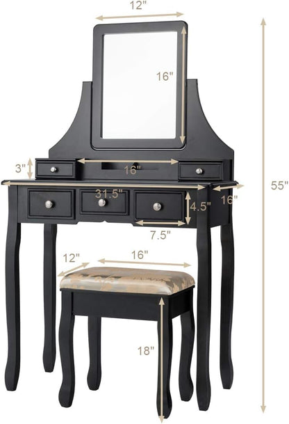 Vanity Desk and Cushioned Stool Set with 5 Storage Drawers