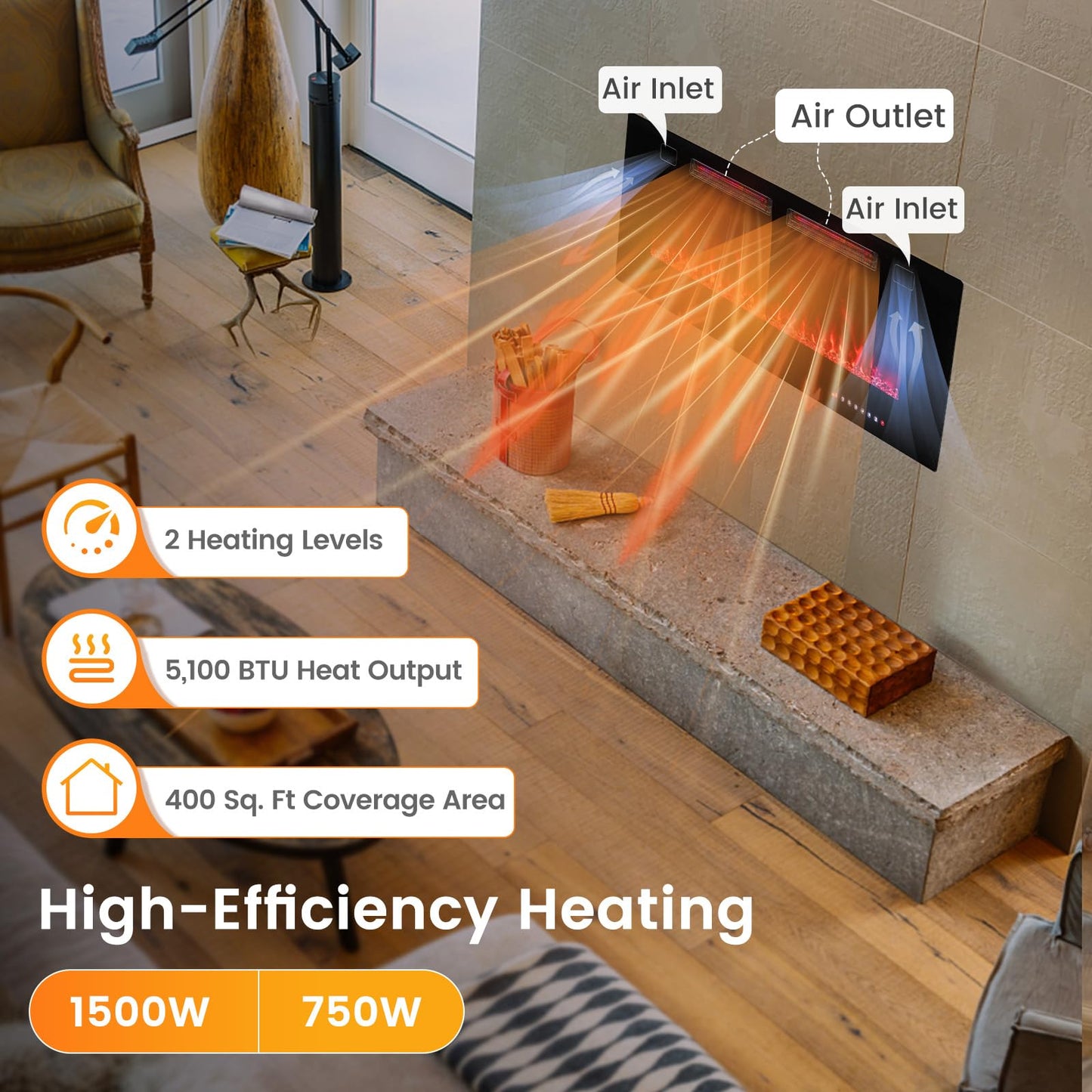 Ultra Thin Electric Fireplace 42 inch Wide with 12 Flame and Flame Bed Color