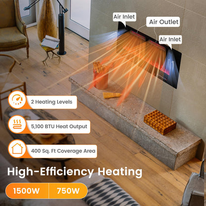 Ultra Thin Electric Fireplace 42 inch Wide with 12 Flame and Flame Bed Color