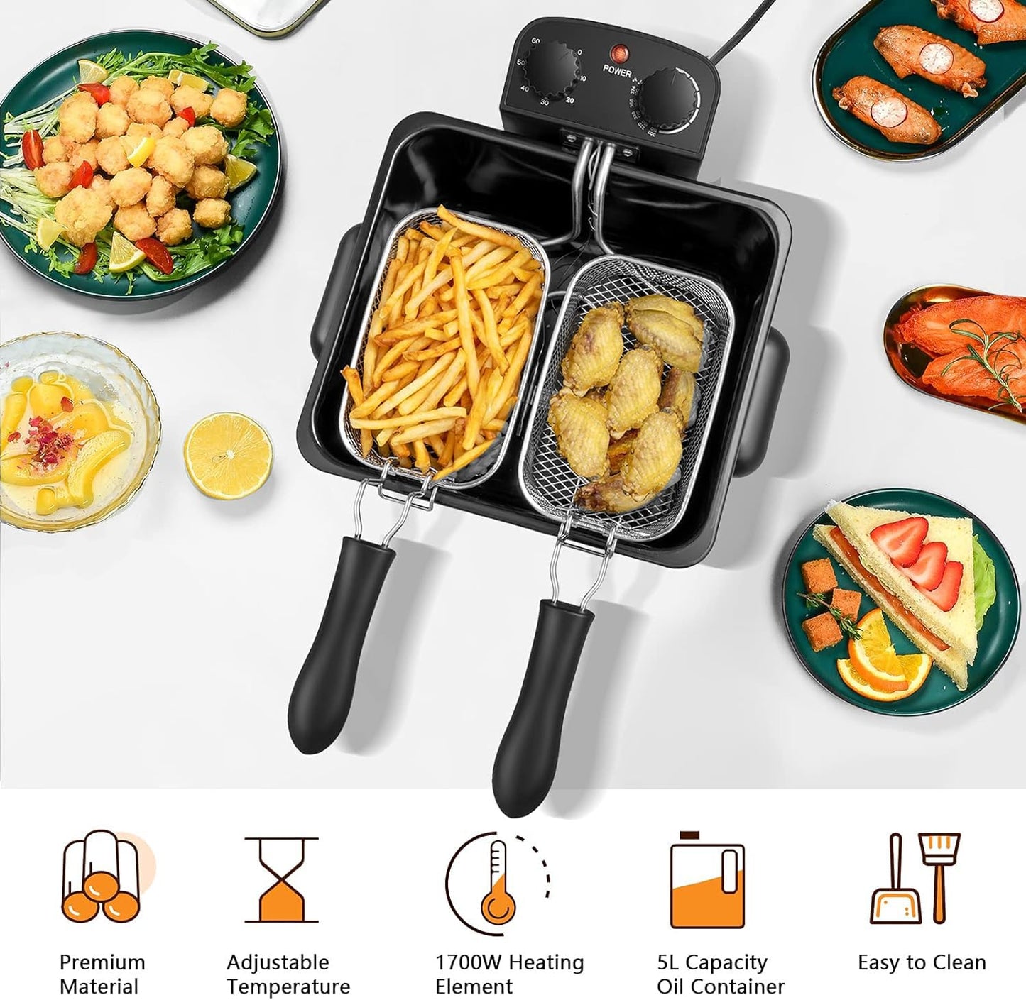 ARLIME Deep Fryer with 2 Baskets, 5.3 Qt/5L Electric Fryer with Adjustable Temperature & Timer