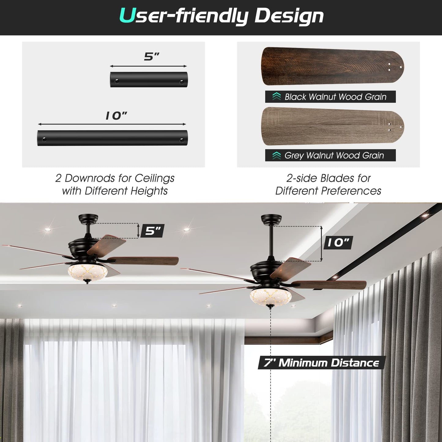 52-Inch Ceiling Fan with Remote Control, Crystal Ceiling Fan with 3 Wind Speeds and 5 Reversible Blades