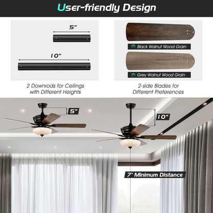 52-Inch Ceiling Fan with Remote Control, Crystal Ceiling Fan with 3 Wind Speeds and 5 Reversible Blades