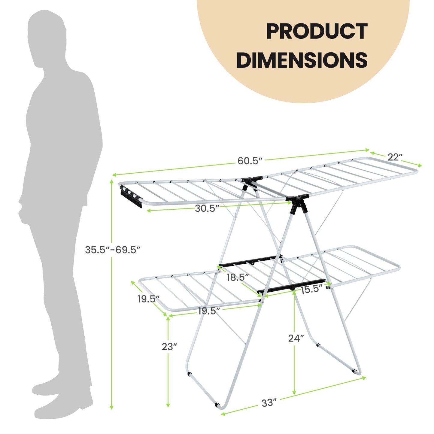 Clothes Drying Rack w/Height Adjustable Wings