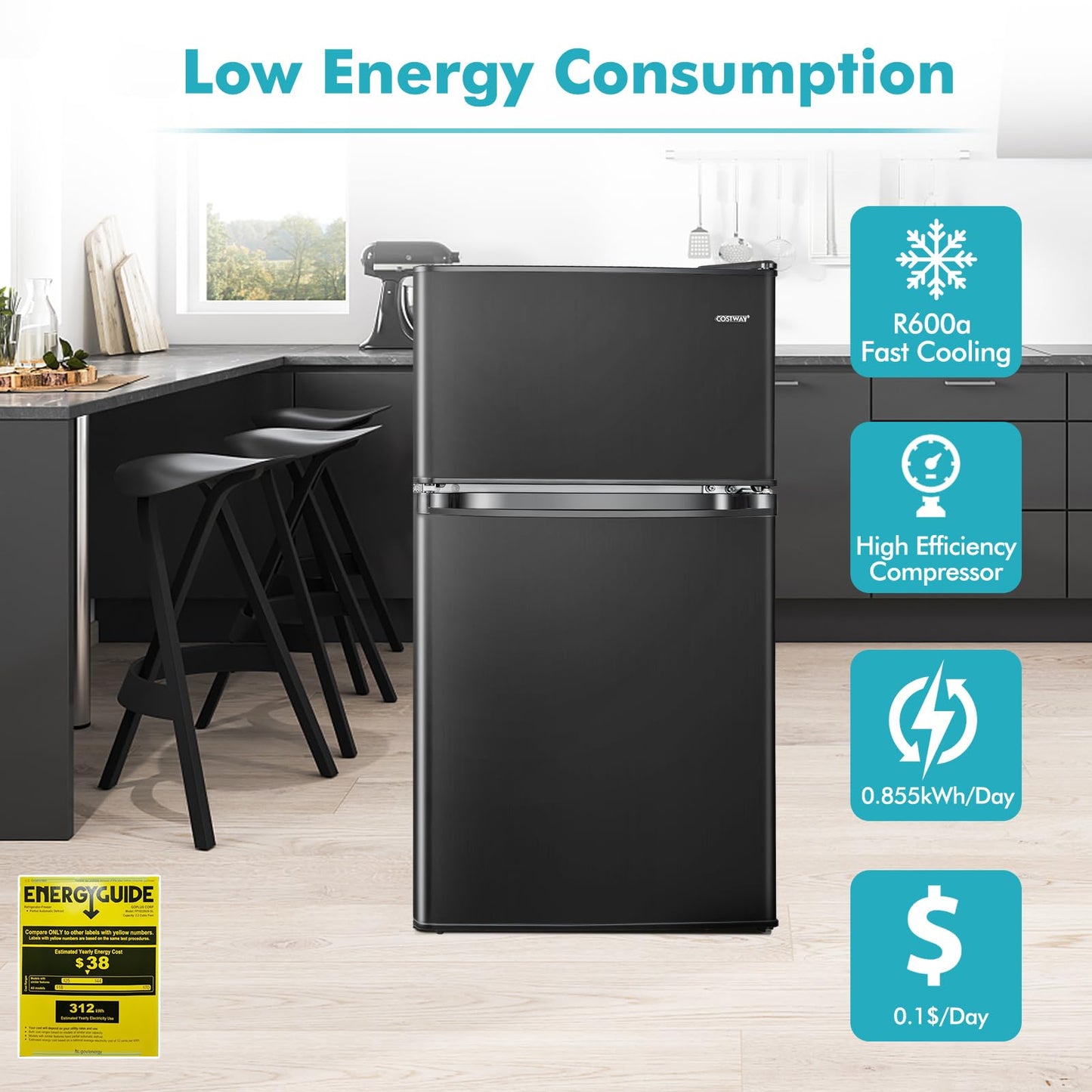 Compact Refrigerator, 3.2 Cu.Ft. Fridge Freezer Compartment with Reversible 2 Door, Adjustable Thermostat