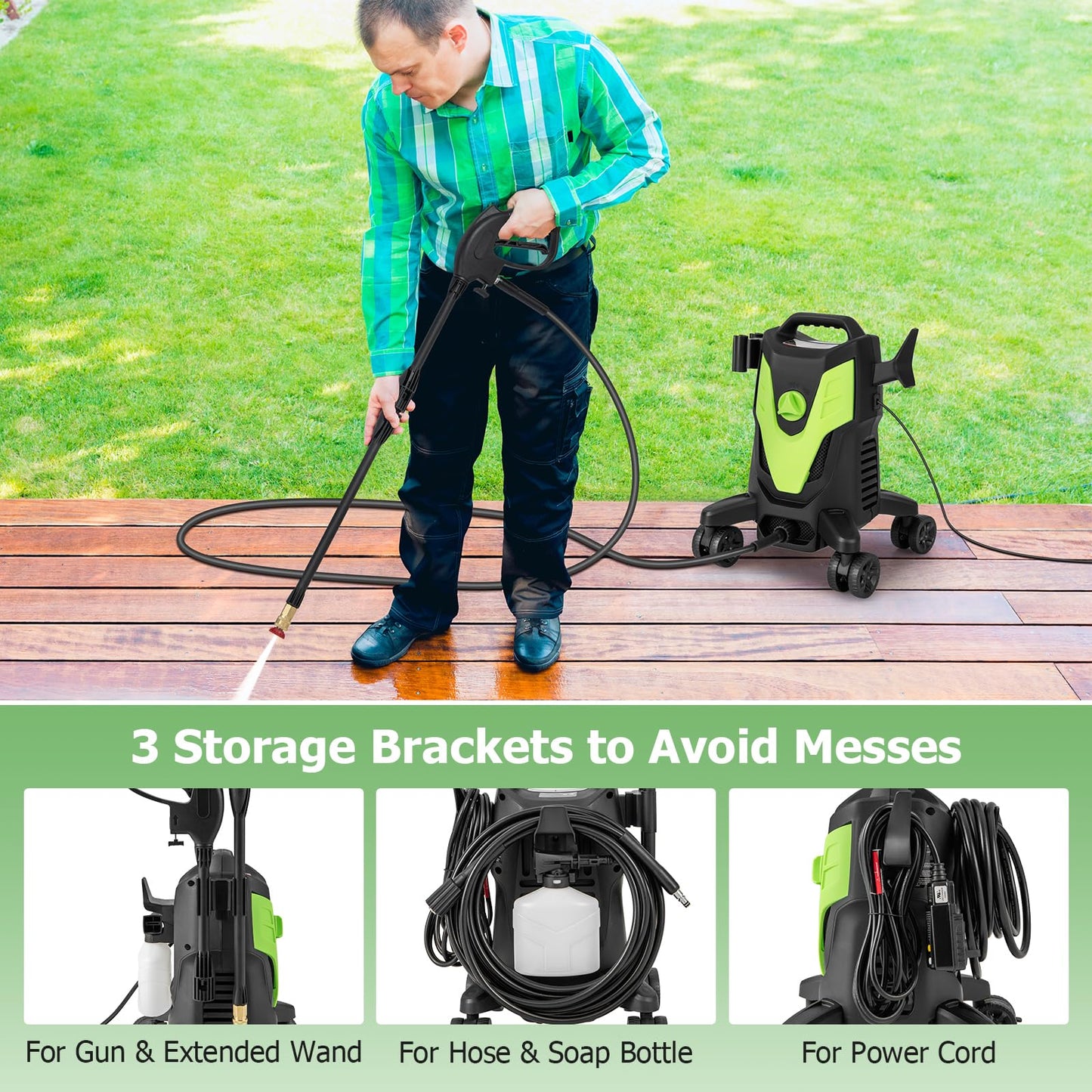 Electric Pressure Washer with 4 Universal Wheels, 2400 PSI High Pressure Cleaner Machine with 4 Nozzles and Soap Bottle