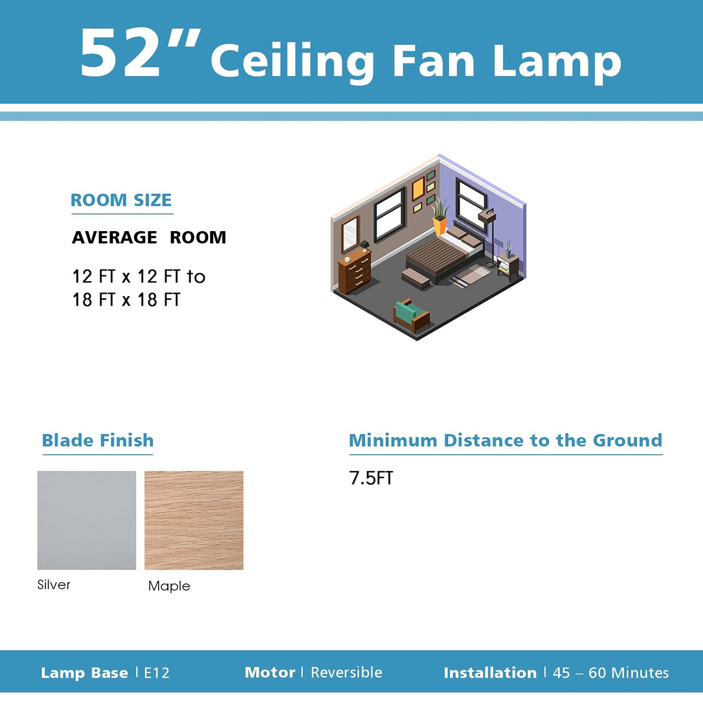 52Inch Ceiling Fan Light, Ceiling Fan with Light and Remote Control, Reversible Fan Blades