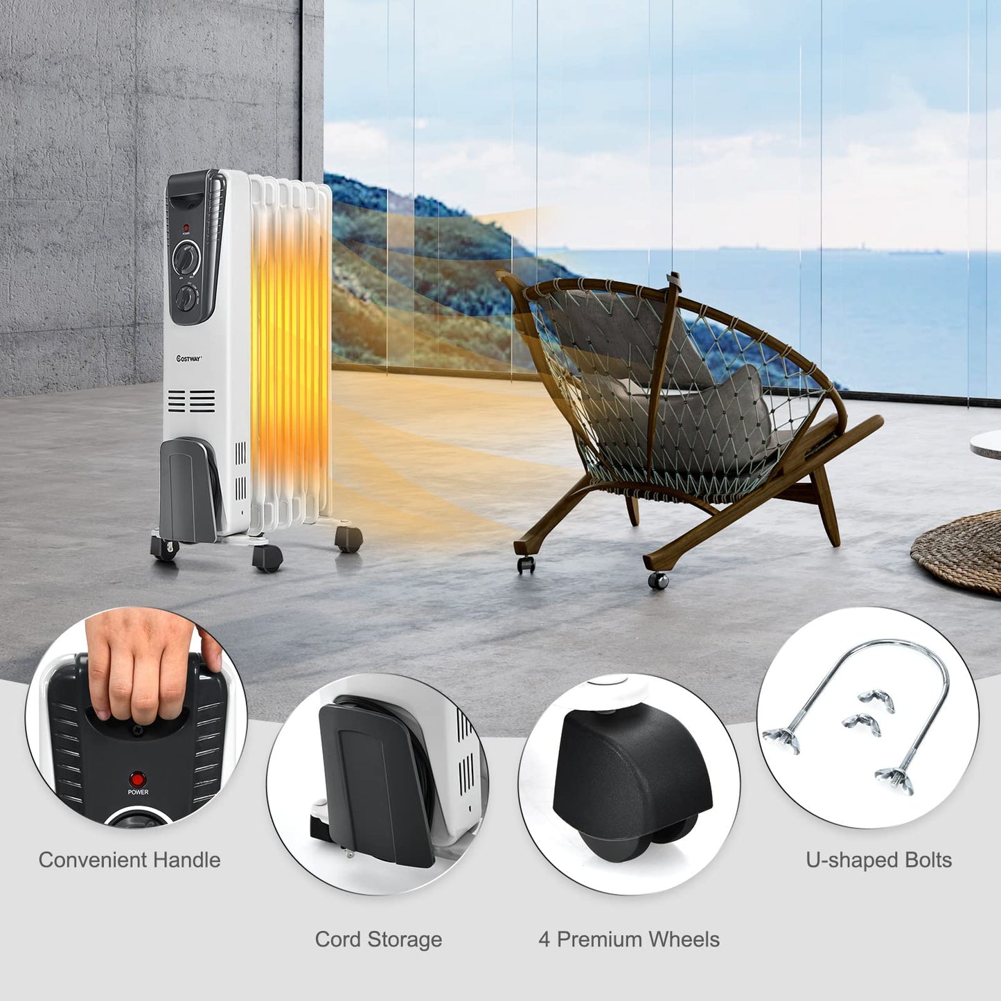 Oil Filled Radiator Heater, 1500W Portable Space Heater with Adjustable Thermostat, 3 Heat Setting