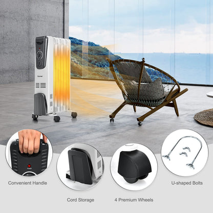 Oil Filled Radiator Heater, 1500W Portable Space Heater with Adjustable Thermostat, 3 Heat Setting