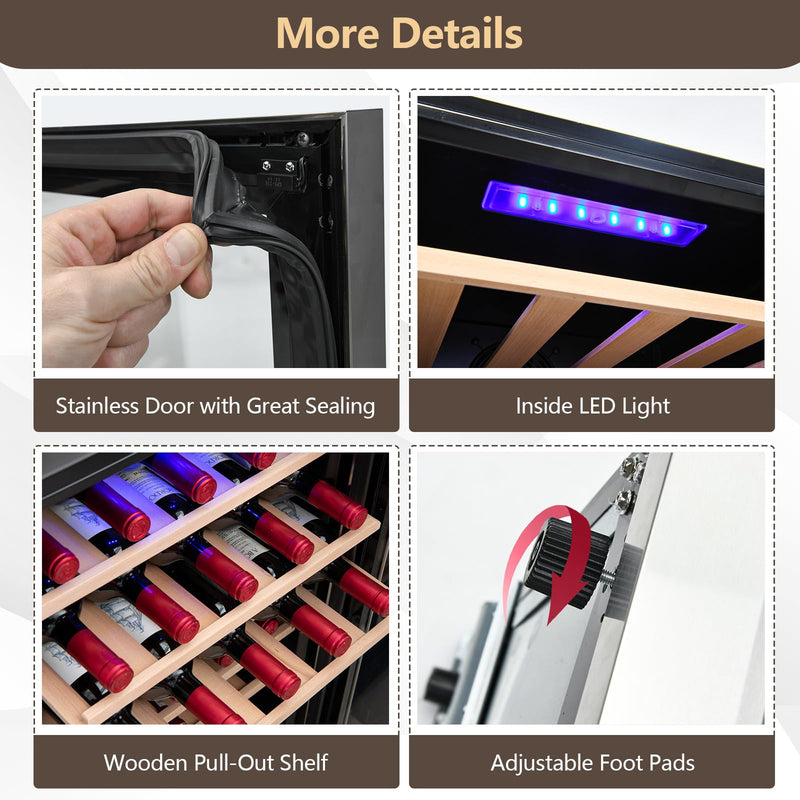 20 Inch Wine Cooler, 33 Bottles Wine Refrigerator with 2-Layer Tempered Glass Door & Dual Alarm Function