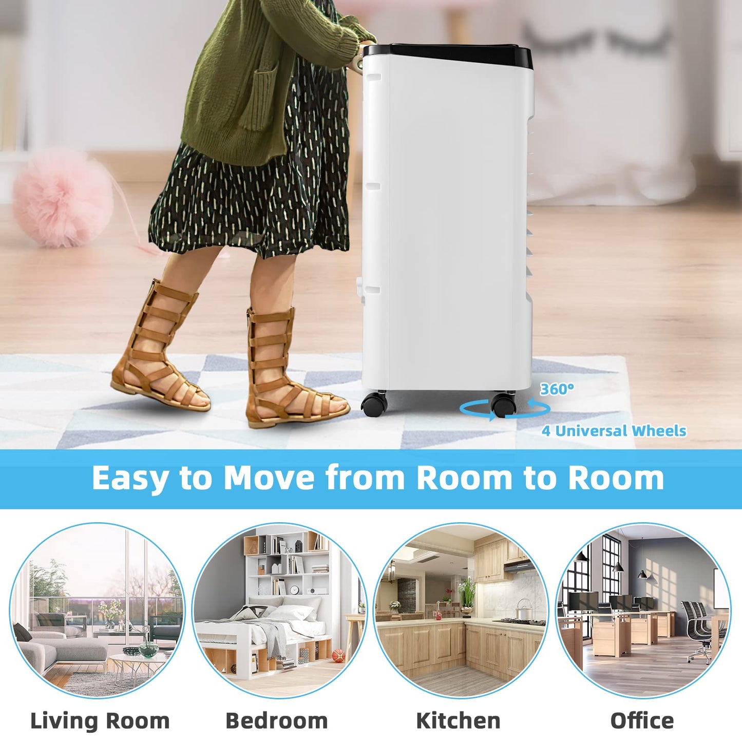 Evaporative Air Cooler, 3-in-1 Portable Quiet Swamp Cooler and Humidifier with Remote, 4 Modes, 70° Oscillation