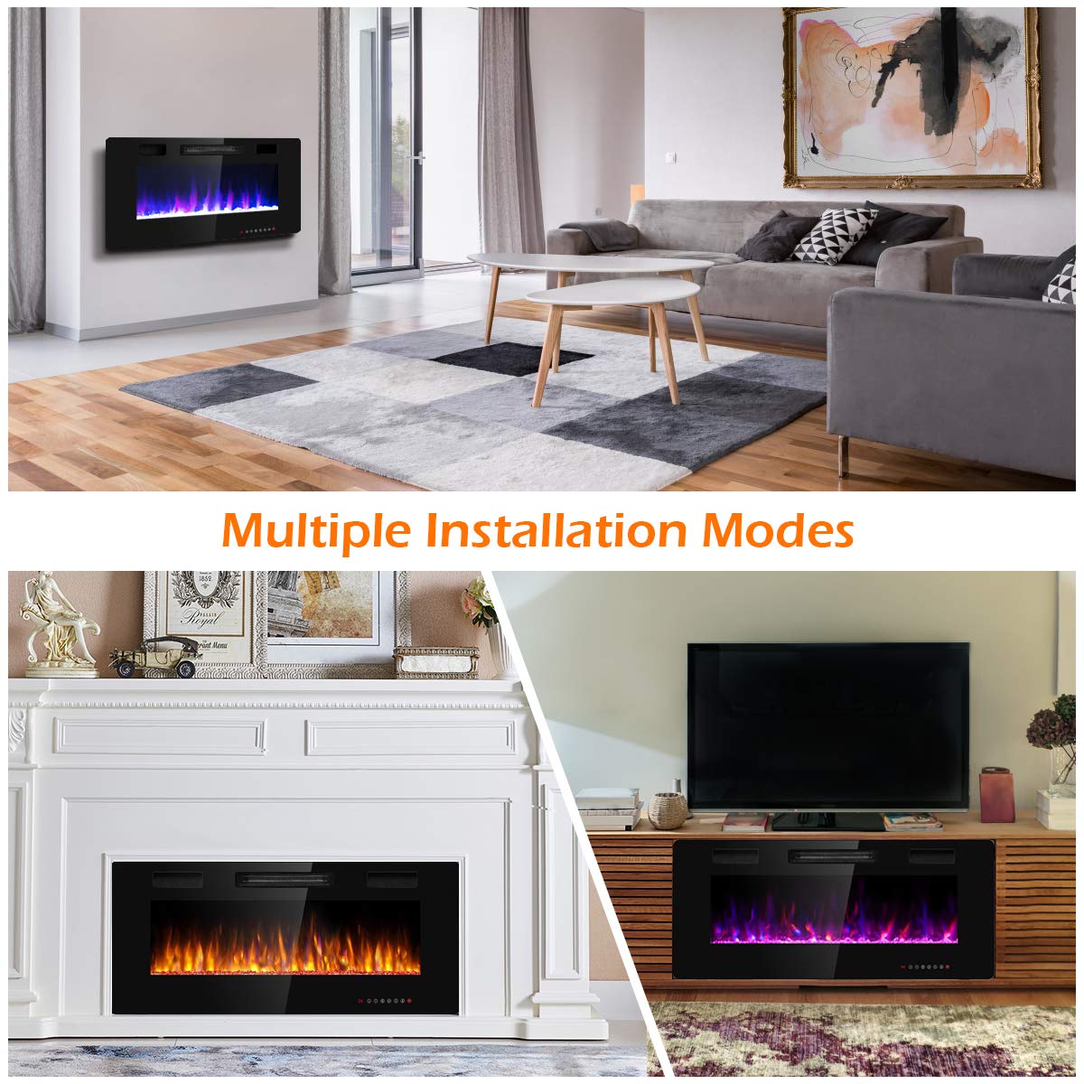 42 Inch Electric Fireplace Recessed and Wall Mounted, Fireplace Heater in-Wall Built with Remote Control, Timer, Touch Screen, Adjustable Color