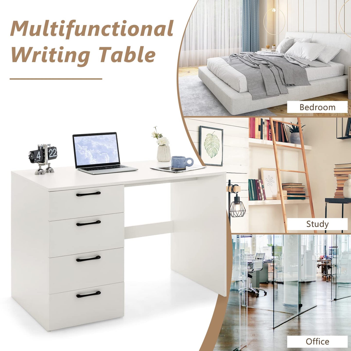White Computer Desk with 4 Large Drawers Home Office PC Desk Workstation for Writing