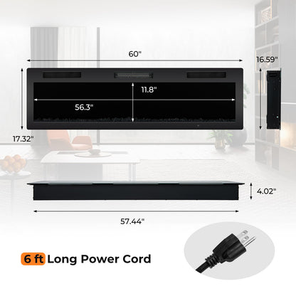 60 Inch Electric Fireplace Recessed and Wall Mounted, 750W/1500W Electric Fireplace Heater with Remote
